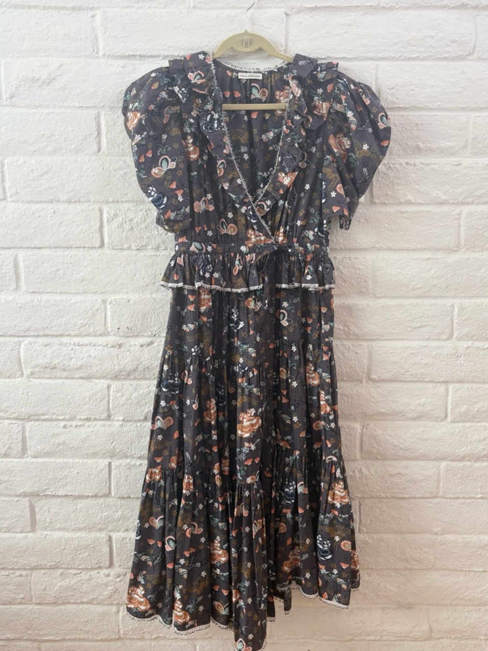 Ulla Johnson Dark Grey Floral Midi Dress with Ruffle, Bead, and Embriodery
